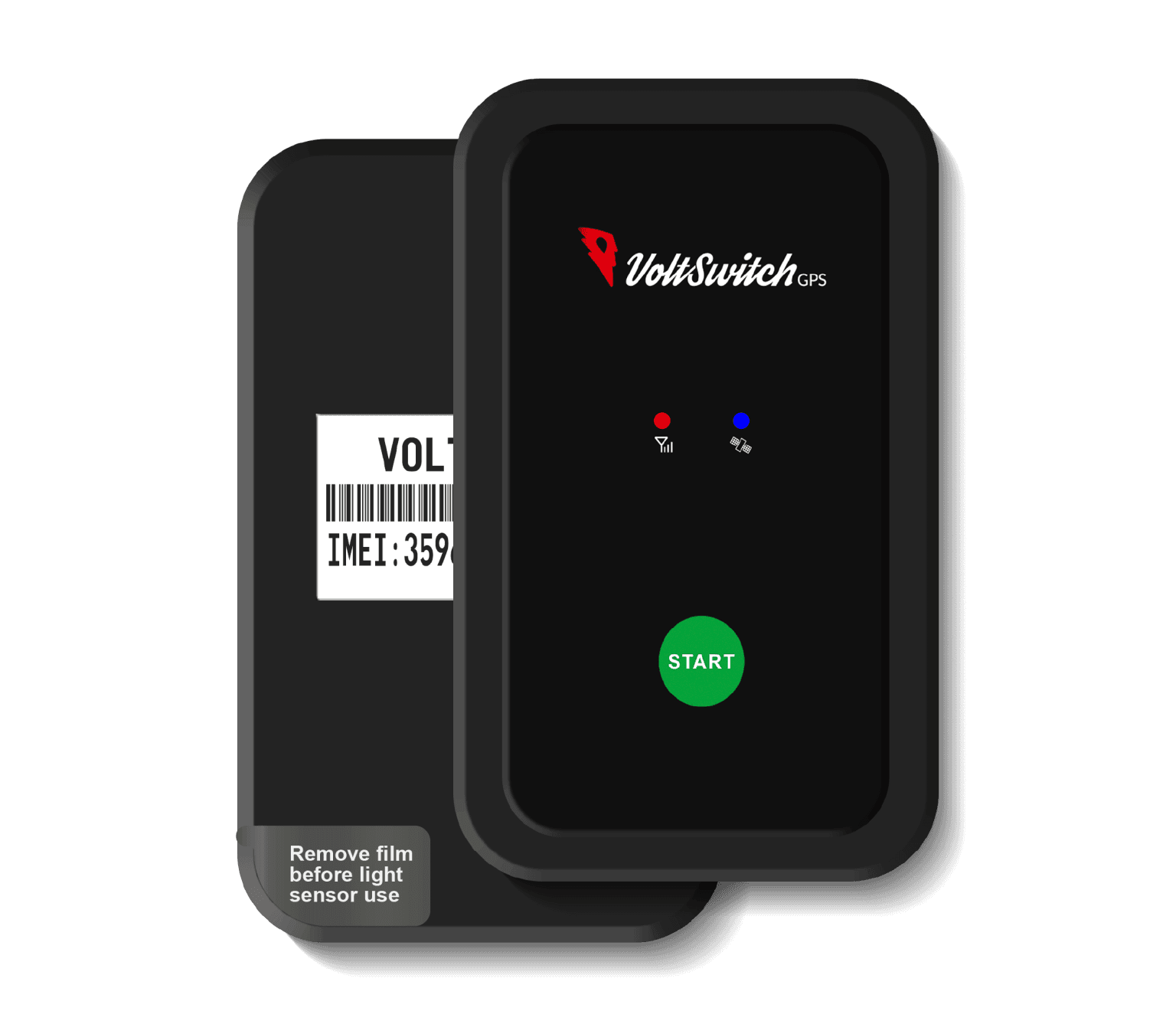 Black VoltSwitch GPS tracker showing front interface with green start button and back label.