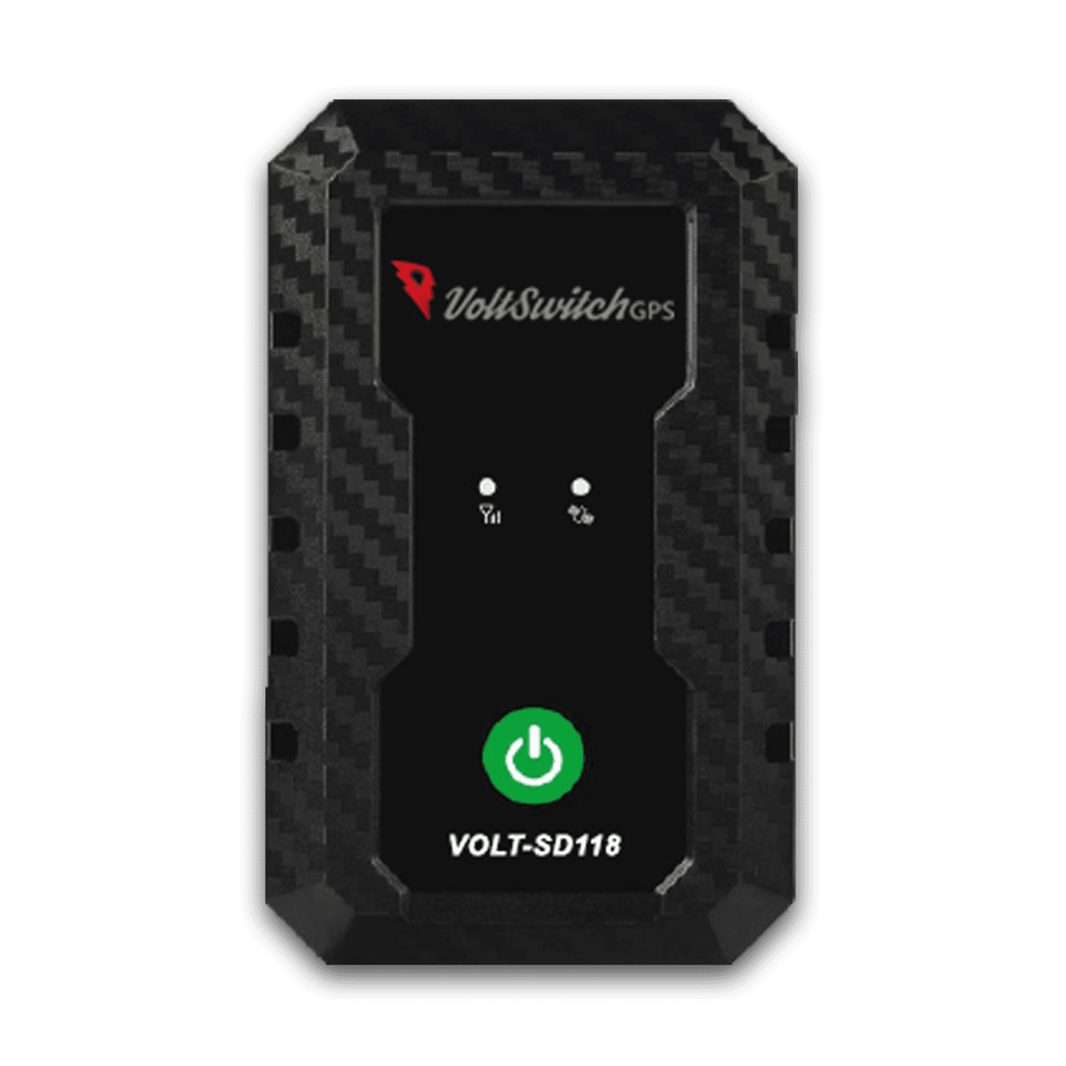 VoltSwitch GPS VOLT-SD118 tracker with carbon fiber texture, indicator lights, and green power button.