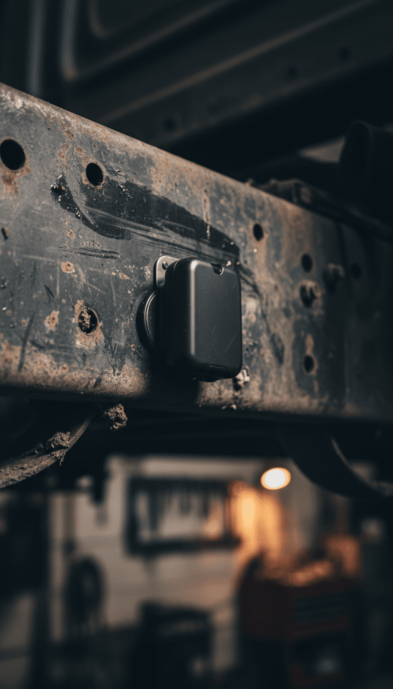 Magnetic GPS tracker attached to a truck undercarriage