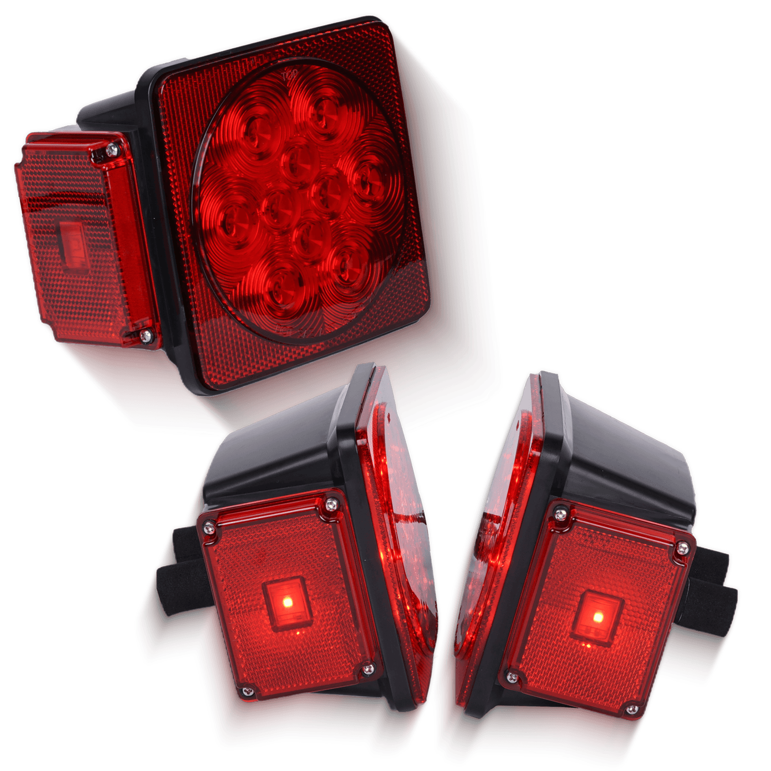 Three red square LED trailer tail lights with side markers shown from multiple angles.