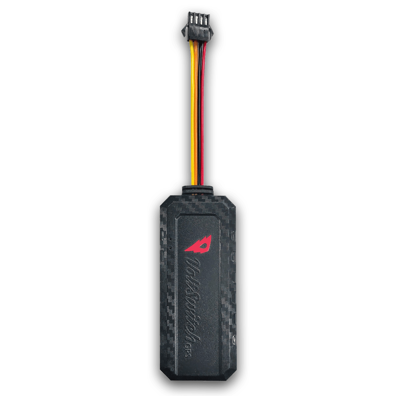VoltSwitch GPS tracker with a carbon fiber textured case and a four-wire connector cable.