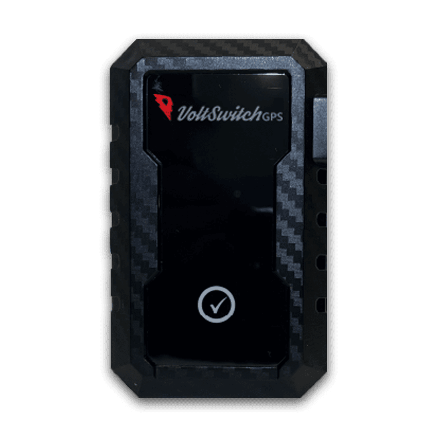 VoltSwitch GPS tracker with a carbon fiber frame, glossy black face, and checkmark icon.