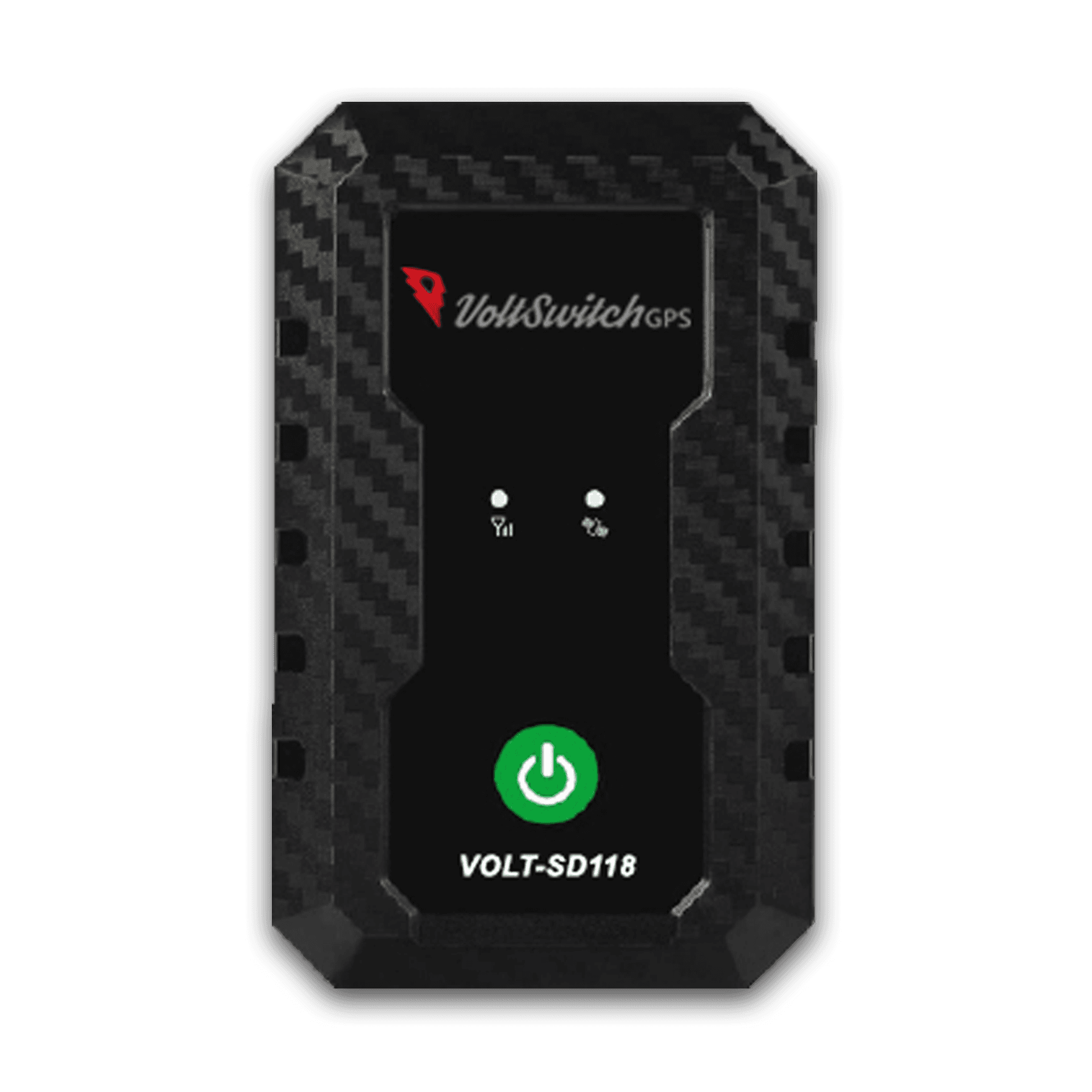 Black VoltSwitch GPS tracker with carbon fiber casing, status indicators, and a green power button.