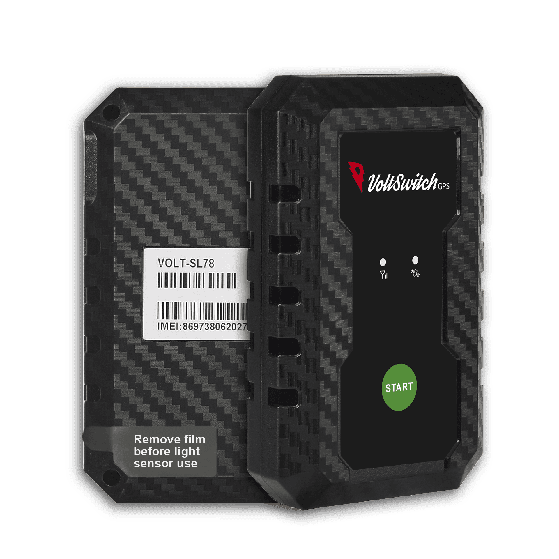 Two black carbon fiber VoltSwitch GPS trackers showing front interface and back identification label.